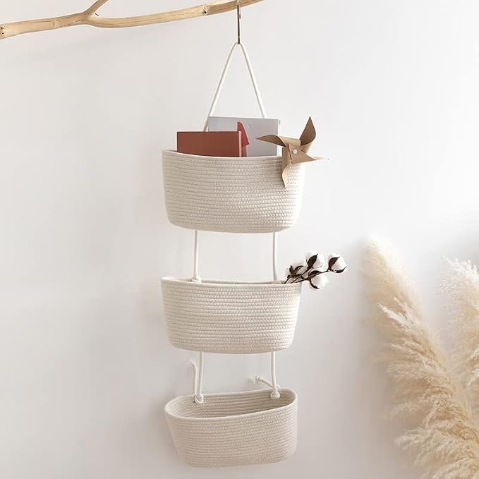 TeoKJ Over the Door Hanging Baskets, 3-Tier Woven Cotton Storage Organizer Bag - Image 5