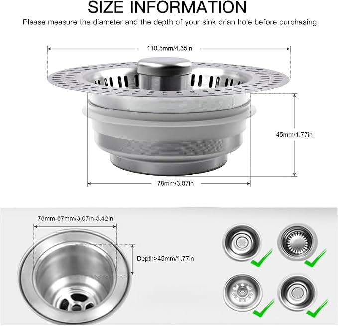 3 in 1 Kitchen Sink Drain Strainer Stopper, Stainless Steel Pop Up Sink Stopper - Image 5