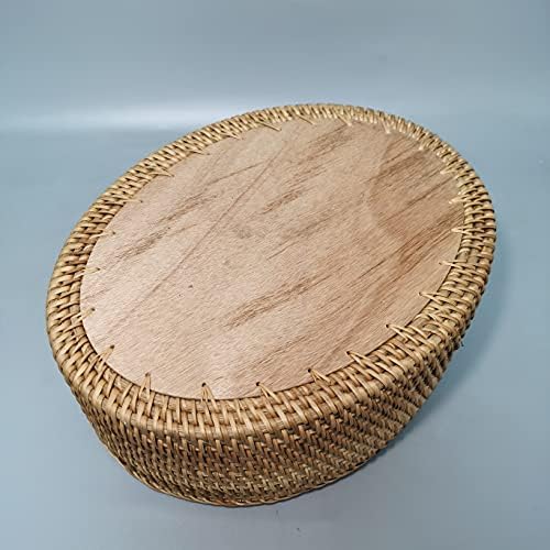 12 inch Oval Rattan Bread Basket, Deep Basket Tray with 4 Inch Wall and Painting Pattern Wooden Bottom, Decorative Wicker Basket Bowl for Coffee Table Décor, Kitchen, Bedroom, Brown, I-lan