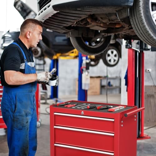 Winado 4 Drawer Rolling Tool Cabinet, Lockable Steel Tool Chest, Red
