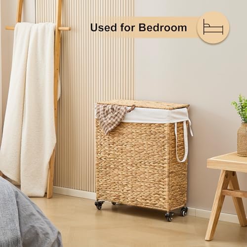 Slim Rolling Laundry Hamper with Lid and Wheels (Natural, 85L)