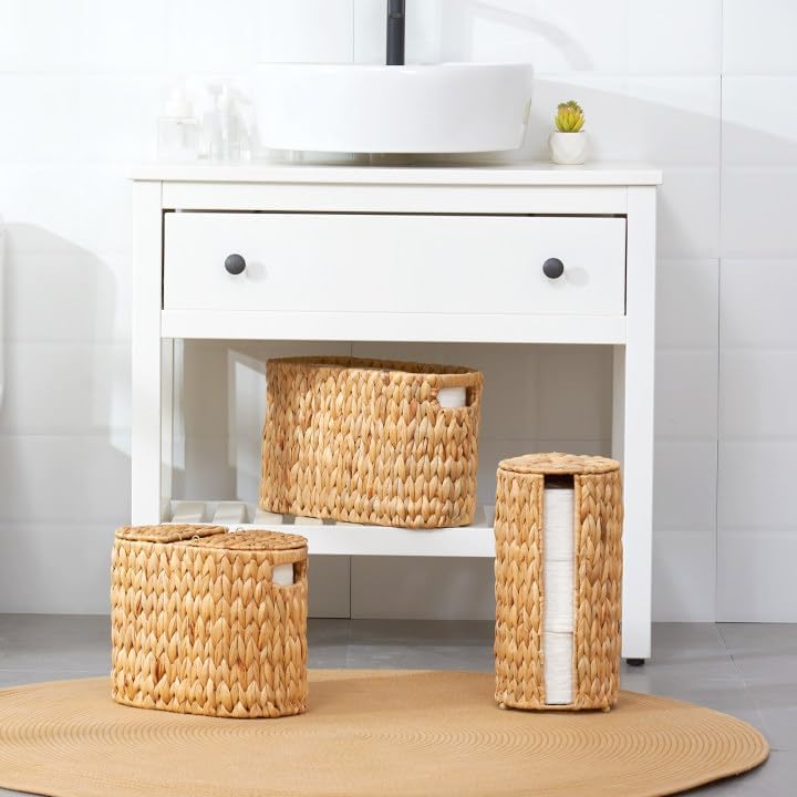 Toilet Paper Basket with Lid, Water Hyacinth Wicker Toilet Paper Storage Hold...