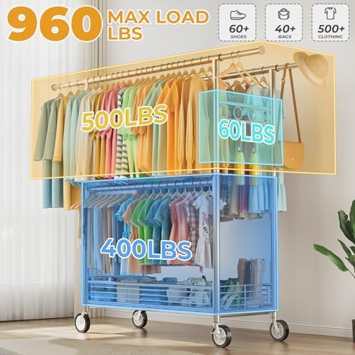Heavy Duty Clothes Rack Load 960LBS, Three Rods Rolling Clothing Racks for Ha...
