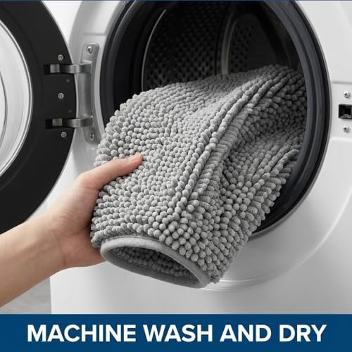 Bathroom Rugs Sets 2 Piece,Super Absorbent Chenille Bath Mats and U-Shaped Toilet Rug,Strong PVC Non Slip Backing,Microfiber Washable Dry Quickly Bath Mats for Bathroom(20"x32"+20"x20"U, Light Grey)