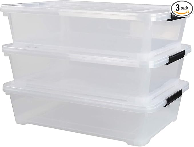 3-Pack Plastic Under Bed Storage Box Container, 40 Quart Clear Stackable by Hommp