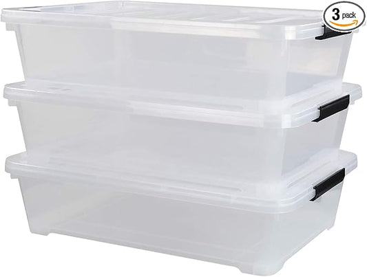 3-Pack Plastic Under Bed Storage Box Container, 40 Quart Clear Stackable by Hommp