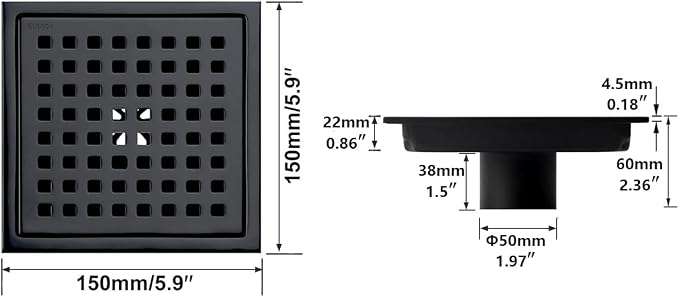 RANDOM Matte Black Square Shower Drain 6 Inch Drain Cover 304 Stainless Steel - Image 2