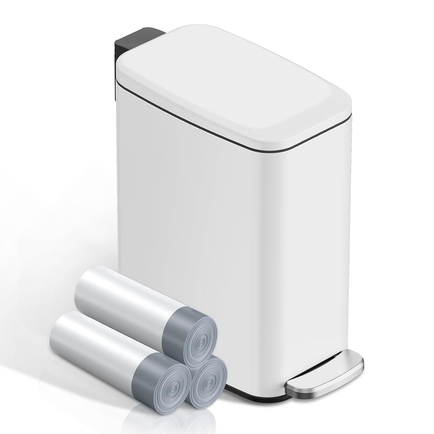 KSSKSS Small Bathroom Trash Can with Lid Soft Close, Step Pedal, 6L / 1.6 Gal Stainless Steel Garbage Bin with Removable Inner Bucket, Slim Wastebasket for Narrow Spaces (White)