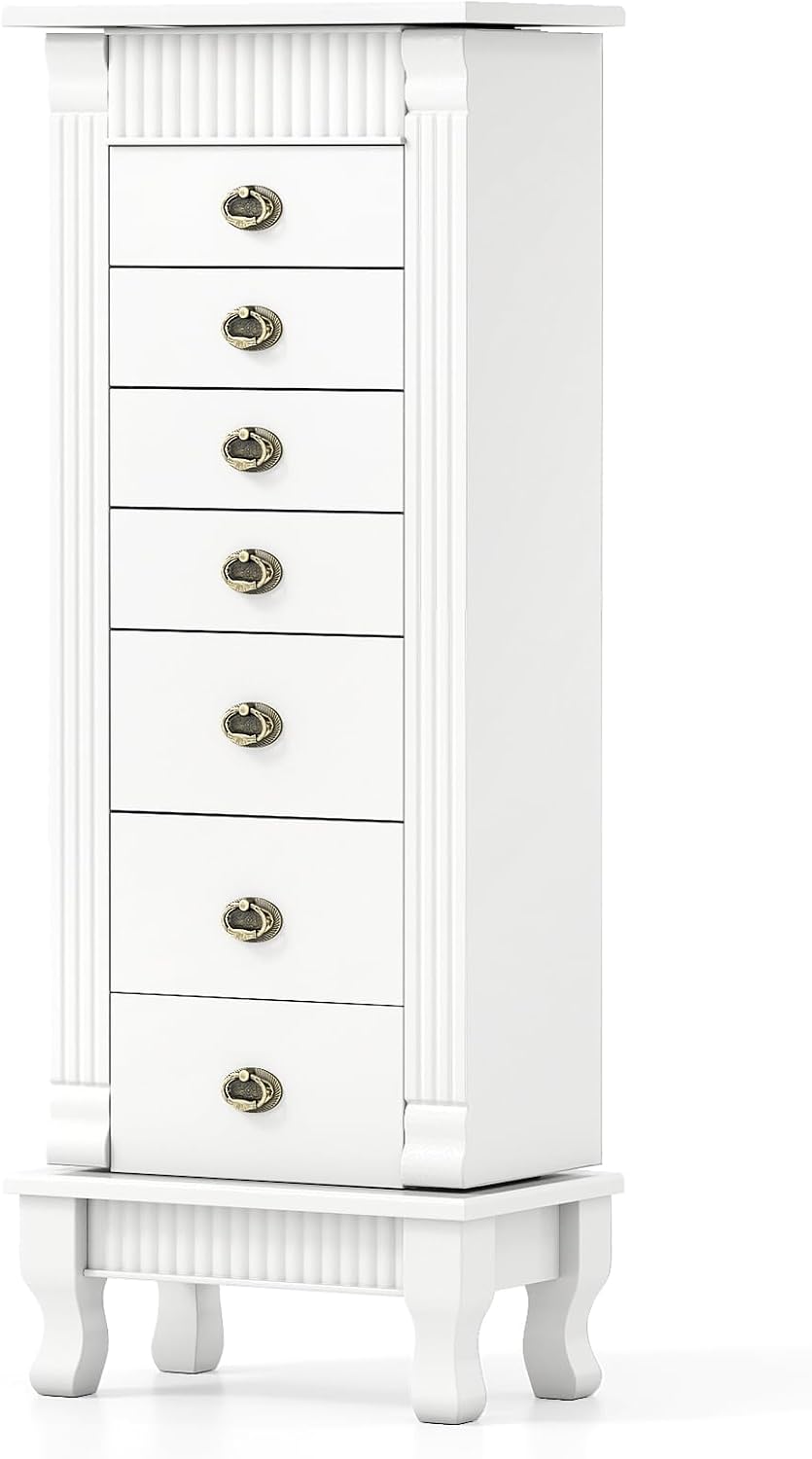 COSTWAY Standing Jewelry Armoire, Wooden Jewelry Storage Chest with 7 Drawers...