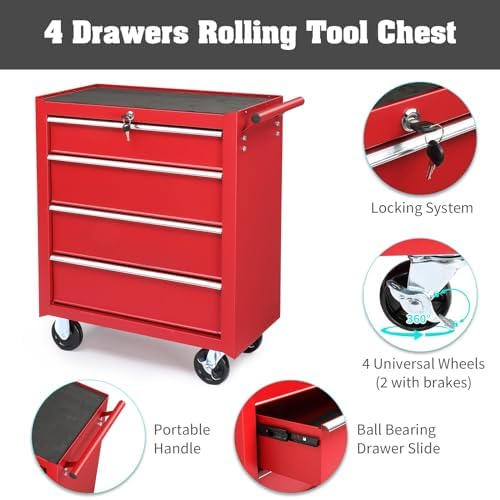 Winado 4 Drawer Rolling Tool Cabinet, Lockable Steel Tool Chest, Red
