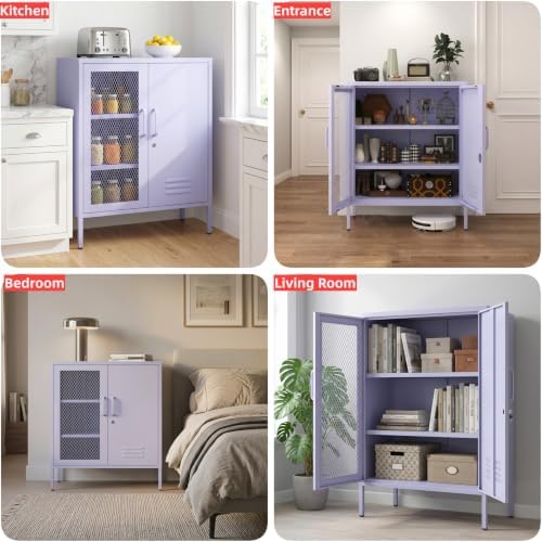Purple Metal Storage Cabinet with Adjustable Shelf, Lockable 2 Door Sideboard...
