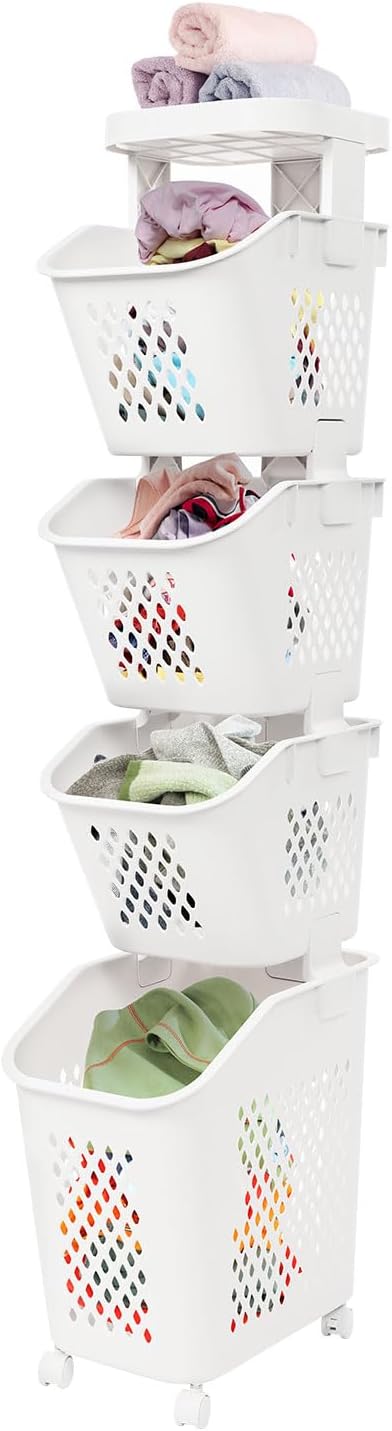 4-Tier Rolling Laundry Hamper, Plastic Laundry Cart Organizer with Wheels, Compact Laundry Baskets, Vertical Rolling Laundry Sorter for Small Space, Dorm, Bathroom