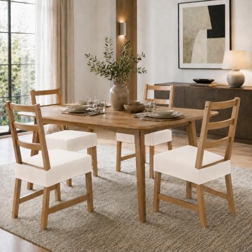 Premium Waterproof Chair Seat Covers Set of 6,Heavyweight Stretch Jacquard Dining Chair Seat Slipcovers, Soft Thick Removable Washable Seat Protectors for Dining Room Kitchen (Beige)