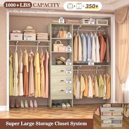 Armocity 96" Wood Closet System with 3 Enclosed Drawers & 3 Solid Sh...