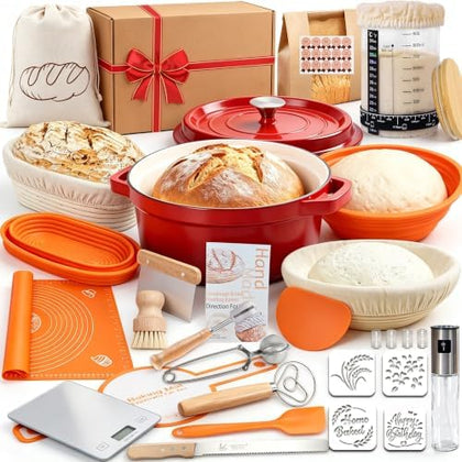 All-Inclusive Sourdough Starter Kit with Enameled Cast Iron Dutch Oven & Scale - Premium Bread Making Tools with 4 Banneton Proofing Baskets, Beginner Guide, Sling, 34oz Starter Jar, Best Baking Gifts