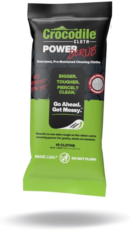 Crocodile Cloth PowerSCRUB Cleaning Wipes – 10 Dual-Surface Cloths, Heavy-Duty by CrocodileCloth