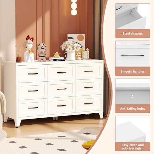 Metal 9 Drawer Dressers for Bedroom, 52" Wide White Steel Chest of Drawe...