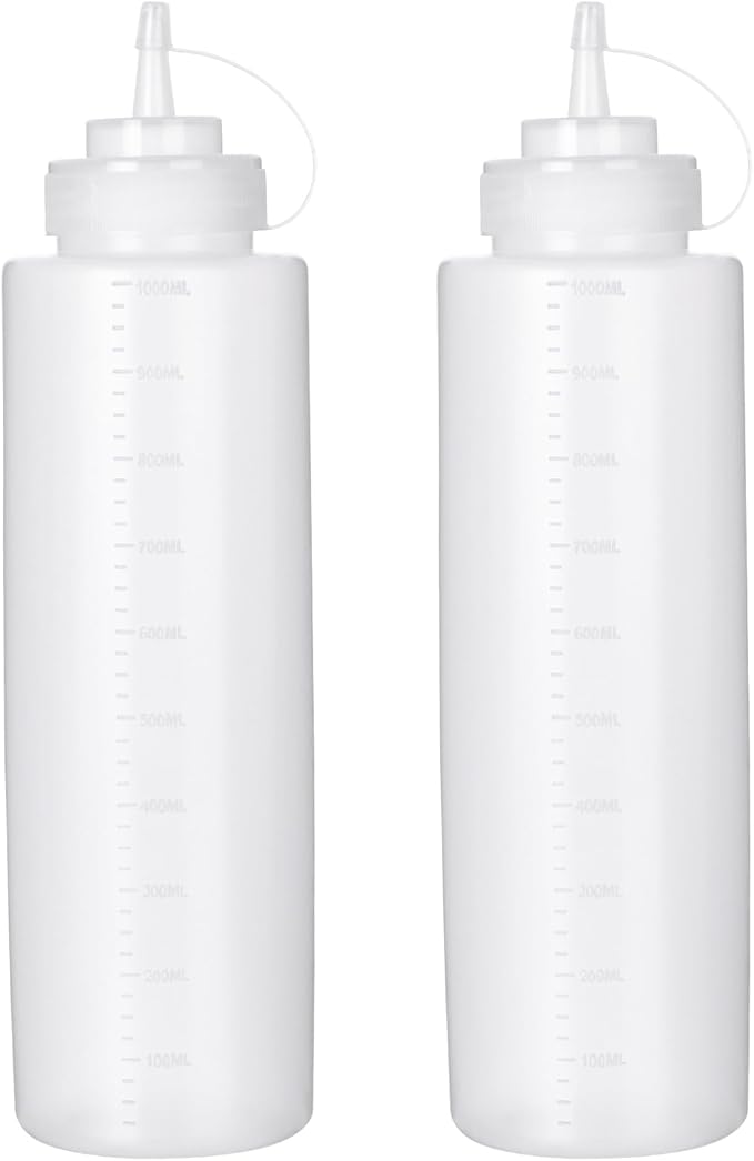 Squeeze Bottles for Sauces 2 Pack, 32 Ounce 1000ml Plastic Dressing Squirt by Katfort