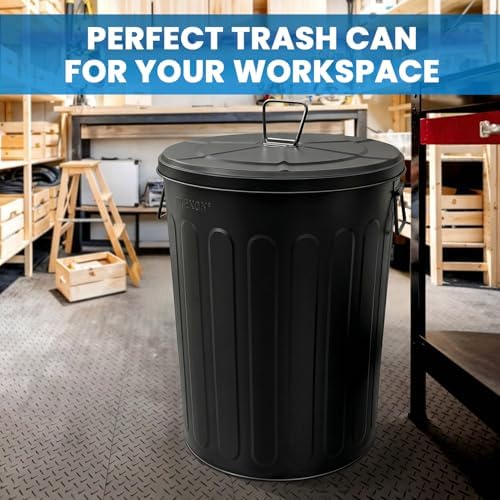 Plexon 20 Gallon Metal Trash Can with Lid Outdoor Large Trash Bin Steel Garbage Can for Garage Patio Farmhouse Bucket Bird Seed Storage Can Heavy Duty Round Container, Black