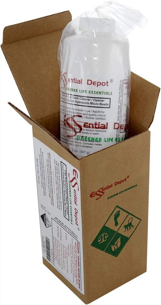 Essential Depot Pure Lye Drain Cleaner/Opener, 2 lbs. Food Grade Sodium Hydroxide Micro Beads - HDPE container with Resealable Child Resistant Cap