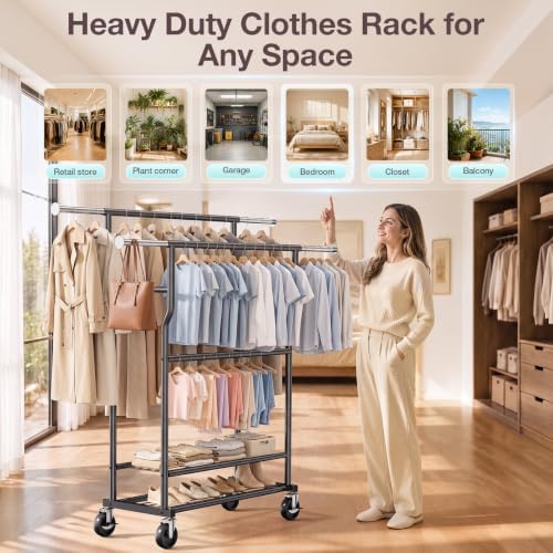 Heavy Duty Clothes Rack Load 960LBS, Adjustable Three Rods Rolling Garment Ra...