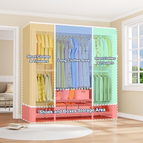 ULIFHOME E3C White Clothes Rack with Beige Cover, Heavy Duty Garment Rack