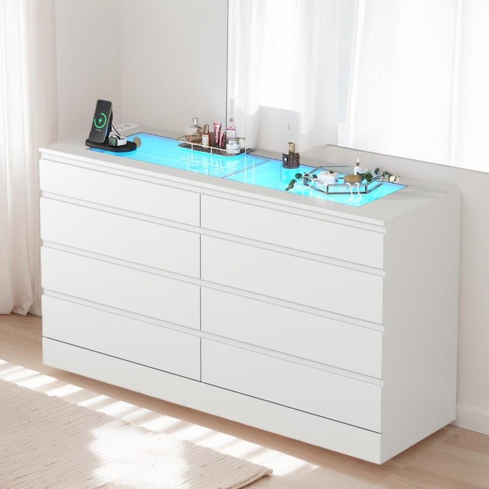 Gyfimoie 8 Drawer Dresser with Glass Top & Power Outlet, White Dresser fo...