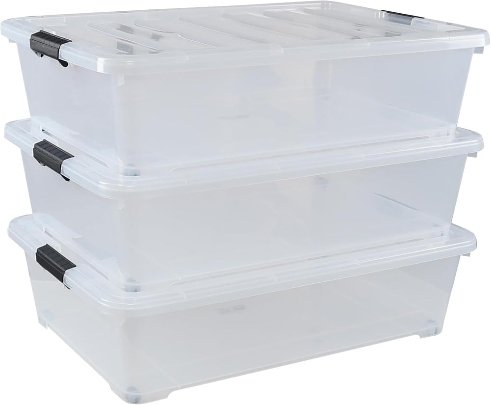 3-Pack Large Clear Plastic Underbed Container with Wheels, 50 L