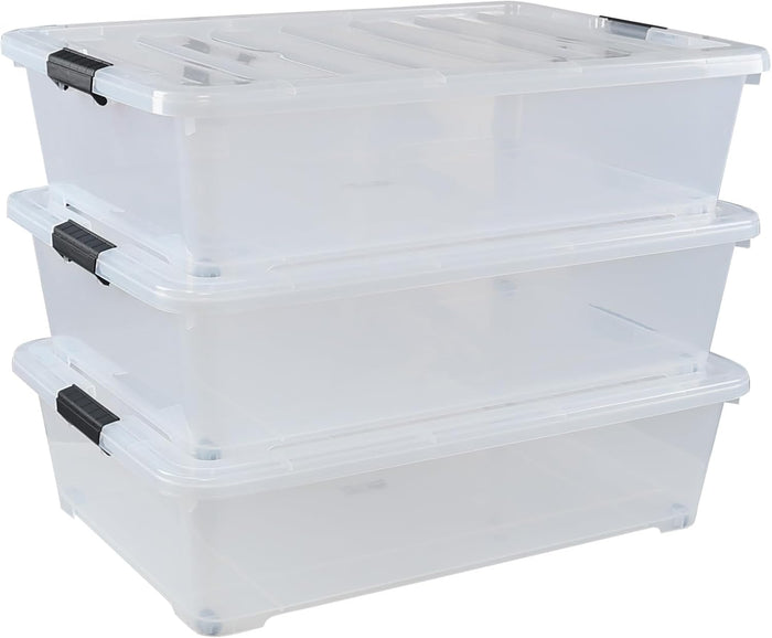 3-Pack Large Clear Plastic Underbed Container with Wheels, 50 L