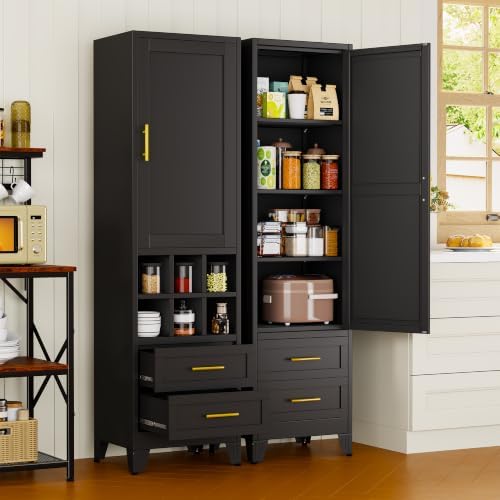 67" Tall Metal Pantry Cabinet, Narrow Freestanding Storage Cabinet, Black