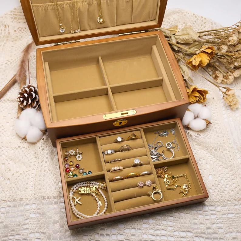 Personalized Wooden Jewelry Box, Customized Double Layer Retro Jewelry Organi...