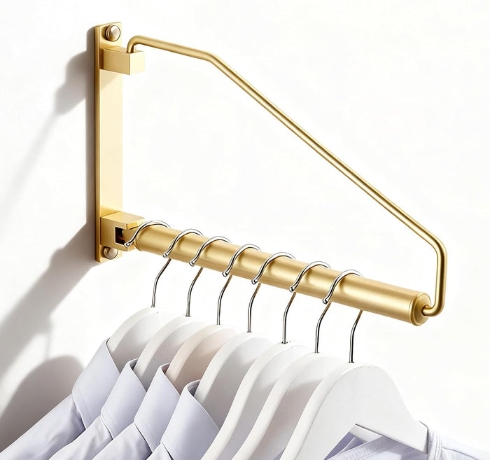 NEWRAIN Folding Wall Mounted Clothes Hanger Rack Clothes Hook Solid Brass with Swing Arm Holder Clothing Hanging System Closet Storage Organizer Heavy Duty Drying Rack Wall Mount,Brushed Gold