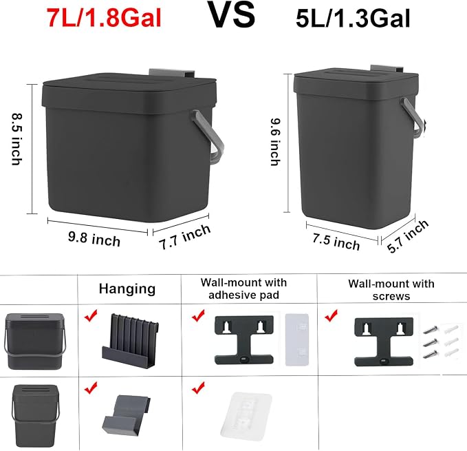 Kitchen Trash Can with Lid, LALASTAR Wall-Mounted Under Sink Small Garbage Can - Image 6