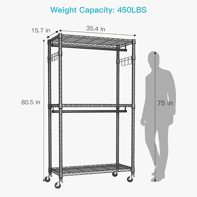 FUTASSI P1 Heavy Duty Garment Rack, 3 Tiers Adjustable Rolling Metal Closet - Image 6