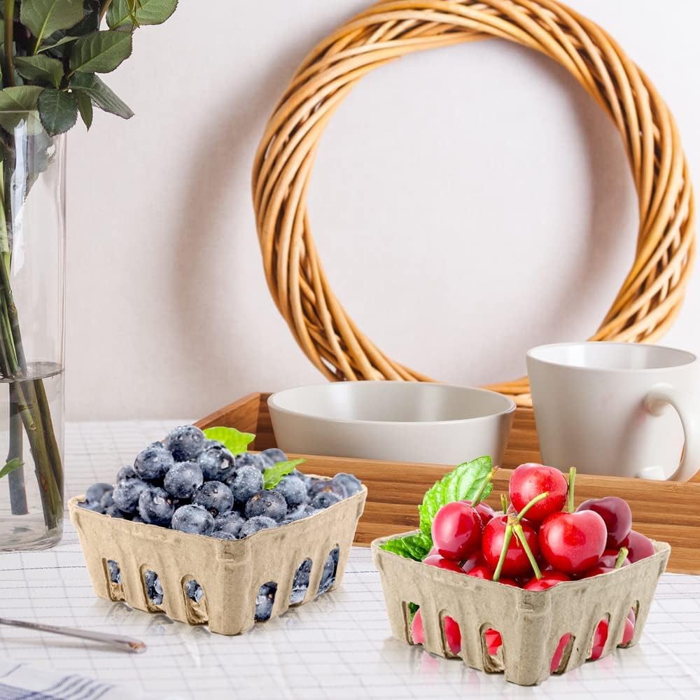 Vmiapxo 50 Pcs Small Natural Pulp Fiber Berry Baskets, 1/2 Pint | Vented Produce Baskets, Farmers Market Display Berry Container for Strawberry Blueberry Fruit Vegetables, Farm Stand Supplies