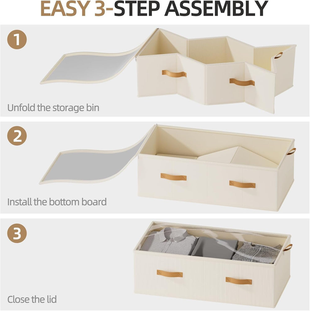FHSQX 4 Pack Under Bed Storage Bins,10 Inch Tall,Beige, 31.5x15.8x10 inch