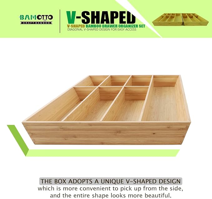 V-Shaped Extra Large Bamboo Drawer Organizer Set of 2, Kitchen Cutlery Tray - Image 3