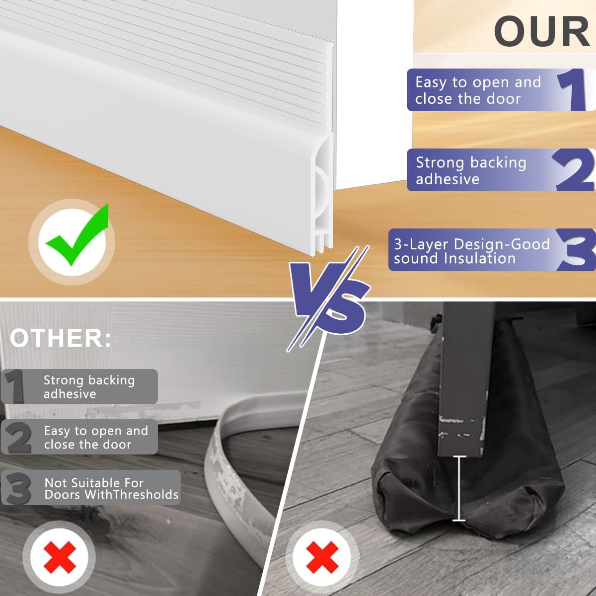 Door Draft Stopper,Adjustable Door Sweep for Bottom of Door,Silicone Weather Stripping Door Bottom Seal Blocker Air Noise,Under Door Gap Filler for Interior/Exterior Doors(White, 39inch)