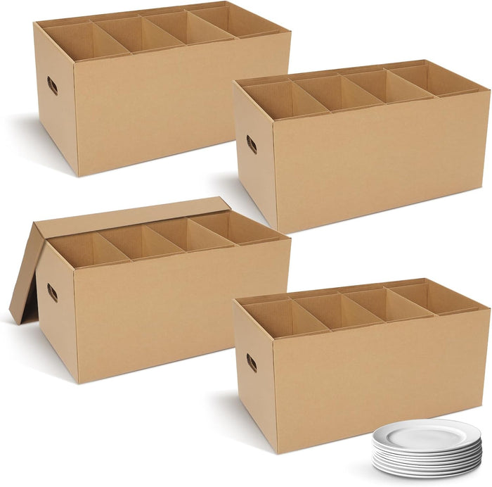Fuyoooo 4 Pack Large Dish Packing Boxes for Moving with Divider 24 x 12 x 11 Inch Kitchen Moving Boxes with Reinforced Handle Lid Packing Supplies for Dishes and Glassware(Brown)