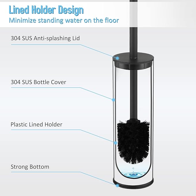 Toilet Brush and Holder Set Black Stainless Steel, 304 Heavy Duty Round Toilet - Image 5