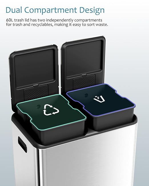 16 Gal Dual Trash Can, Stainless Steel Kitchen Garbage Bin, Recycle Dustbin - Image 6