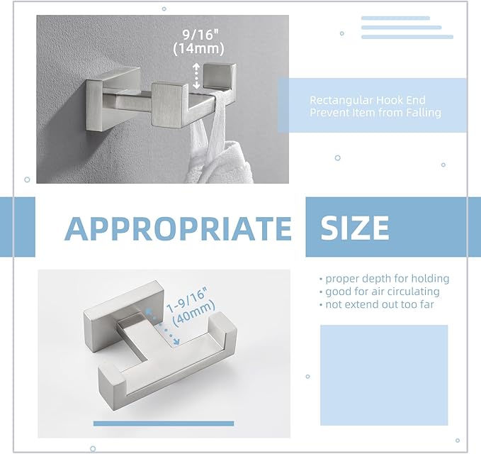 Angle Simple Towel Hook for Bathroom, SUS 304 Stainless Steel Double Robe Coat - Image 5