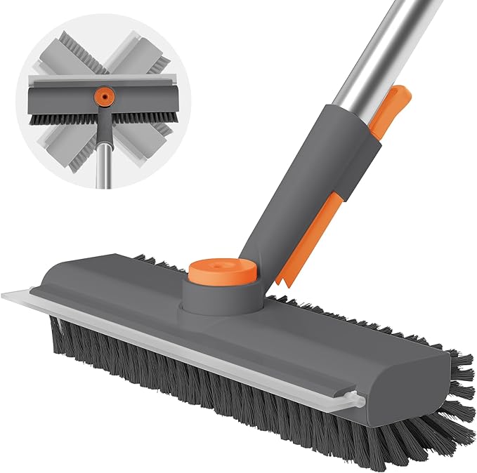 Floor Scrub Brush with Long Handle, 3 in 1 Scrape and Heavy-Duty Stiff Bristle by AIRU