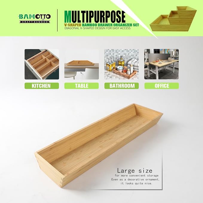 V-Shaped Bamboo Drawer Organizer Set of 3, Kitchen Large and Long Utensil Plate - Image 5