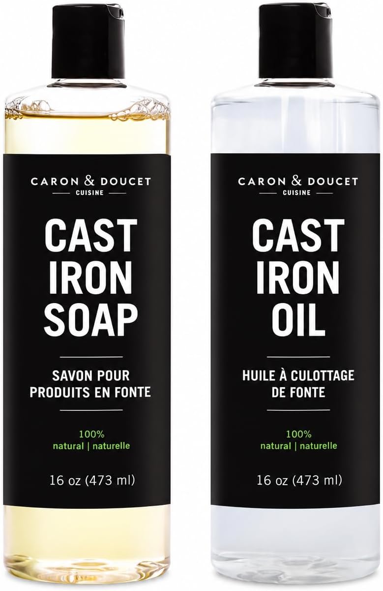 CARON & DOUCET - Cast Iron Cleaning & Conditioning Set PLUS: Seasoning Oil & Cleaning Soap | 100% Plant-Based | Best for Washing, Restoring & Seasoning Cast Iron Skillets, Pans & Grills - 16oz Each