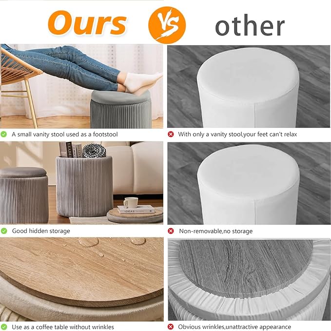 Round Set of 2 Ottoman with Storage-Upholstered Velvet Vanity Stool - Image 5