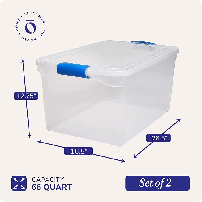 HOMZ 2-Pack Latching Lid, Large Clear Plastic Storage Bins