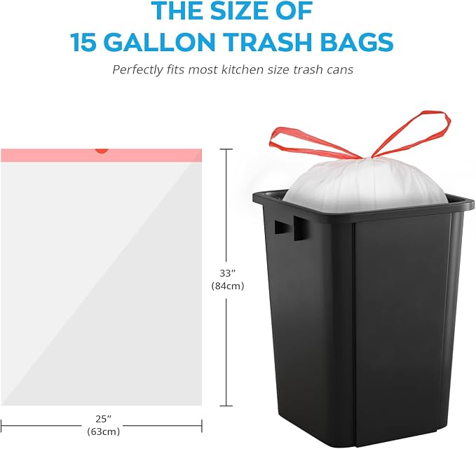 Ultra Thick 15 Gallon Drawstring Trash Bags, Leak Proof Trash Can Liners - Image 3