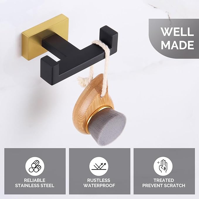 Angle Simple Towel Hook Black & Gold 2 PCS, Stainless Steel Double Hook - Image 3