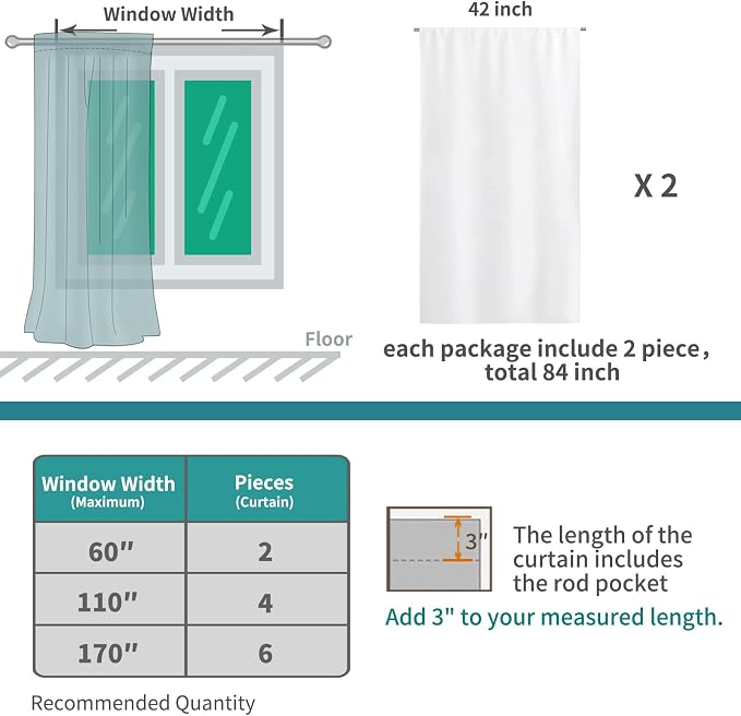 BGment Rod Pocket White Curtains 40 Inches Length - Image 6